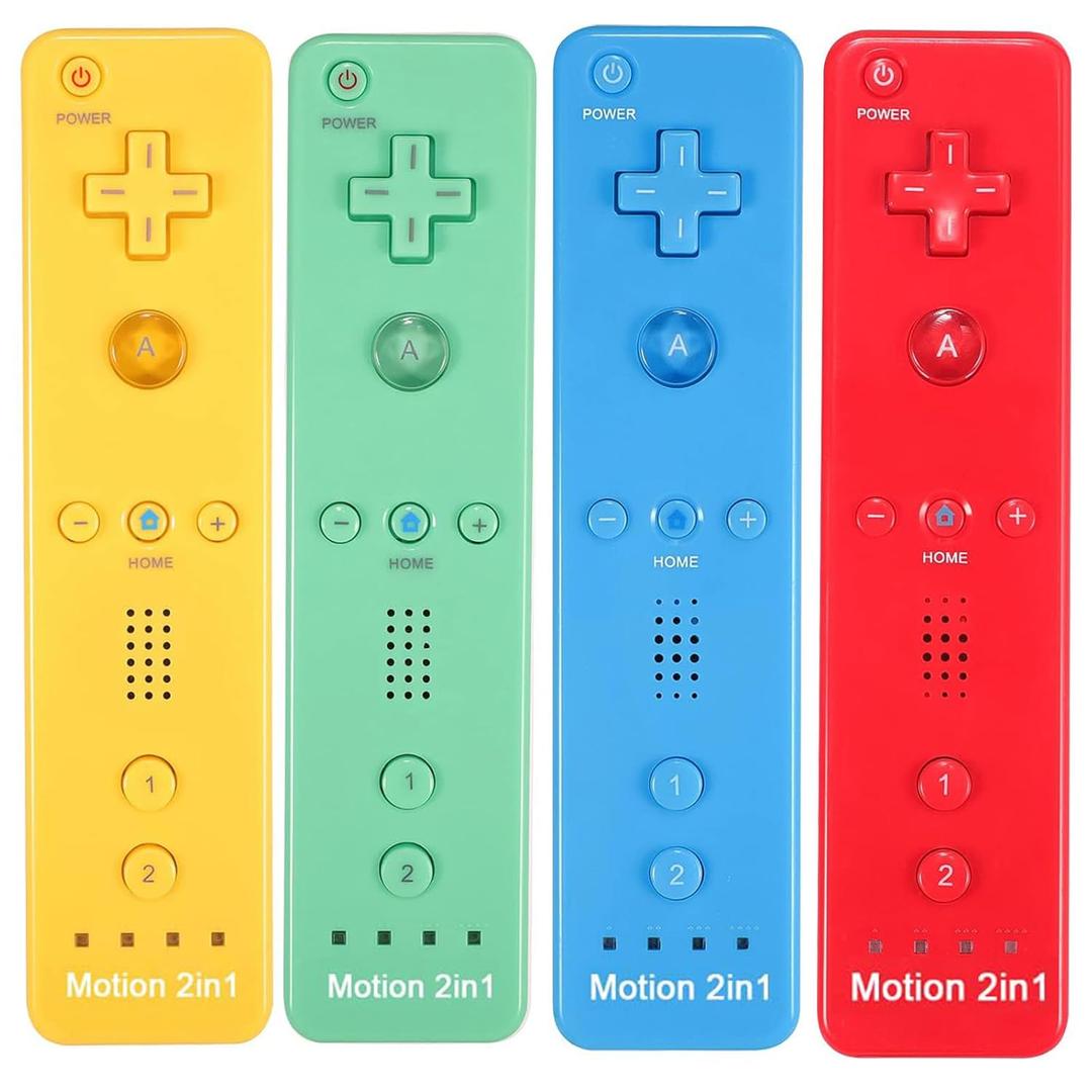 Yosikr Remote Controller for Wii/Wii U with Motion Plus, with Silicone Case and Wrist Strap (4 Pack, Green, Yellow, Blue, Red)