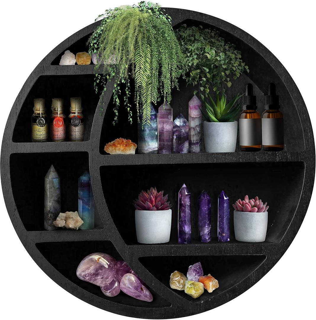 Wooden Crescent Moon Shelf Wall Decor - Decorative Boho Home Hanging Display Shelf for Bedroom, Dorm, Nursery - Easy Mount Storage for Crystals and Essential Oils - 14 x 14 x 3.5 (Black)