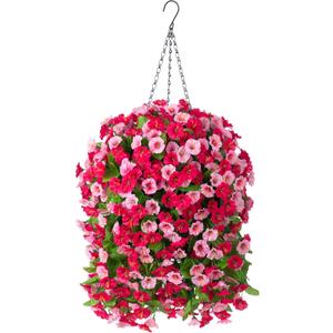 Artificial Flowers with Hanging Basket, Outdoor Faux Plants Silk Morning Glory Vines, Fake Green Arrangement for Garden Patio Spring Summer Decor(Rose Red)
