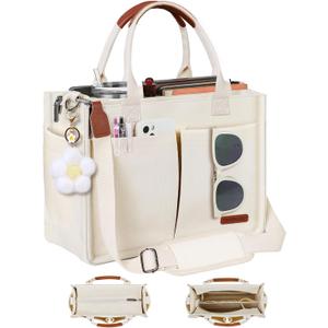 FIORETTO Womens Canvas Tote Bag Purse with Individual Compartment, Zipper Top, Reinforced Bottom & Luggage Sleeve, Ivory White