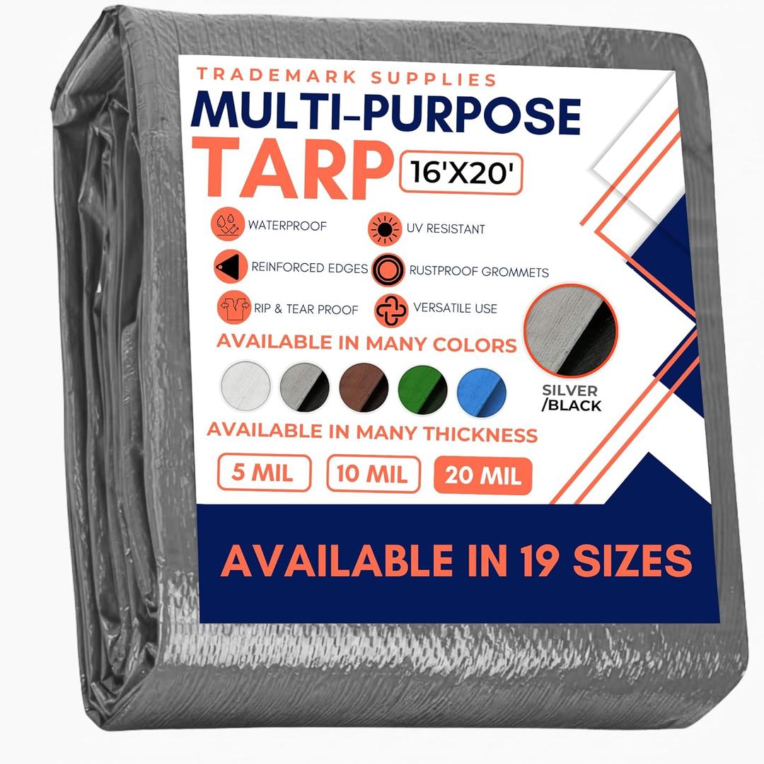 Large Waterproof Tarp - Heavy Duty 20 Mil Thick Poly Tarpaulin Ideal for Canopy Tents, Boats, RV or Pool Covers - Multipurpose Protective Tarps with Grommets for Indoor and Outdoor Use | 16' x 20'
