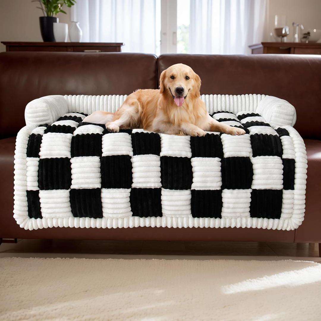 TOPCHANCES Dog Couch Covers, Thickened Quilted Plaid Funny Fuzzy Pet Sofa Mat Dog Cover Protector for Large Dogs (Black, 30x30 inch)