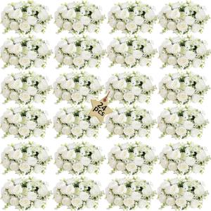 24 Bundles Peonies Artificial White Flowers Bouquet, Lifelike Silk Fake Peonies with Stems for Home Table Centerpieces, Wedding, Party & DIY Bridal Floral Arrangements (White)