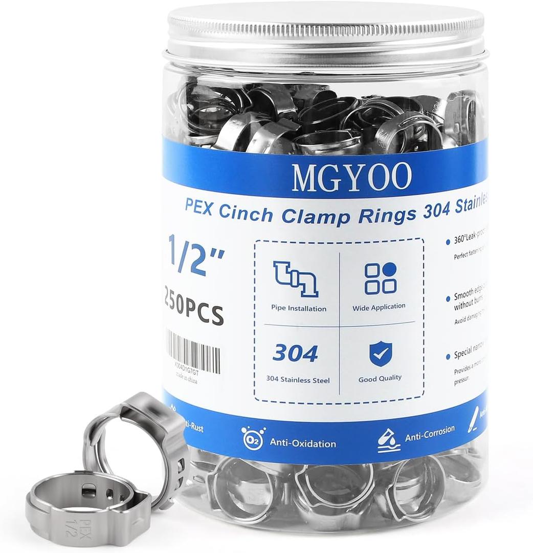 1/2 inch Pex Clamps 250pcs Pex Crimp Rings Single Ear Hose Clamps Stainless Steel Pex Fittings Cinch Clamp Ring for PEX Pipe Tubing