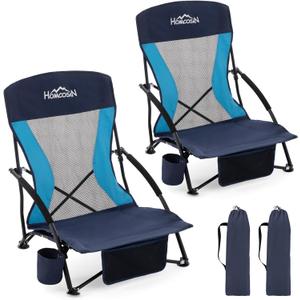 Homcosan Portable Low Folding Beach Chairs Set of 2 - Lightweight Camping Chairs for Adults with Cup Holder & Storage Pockets, Carry Bag Included (Navy & Blue)