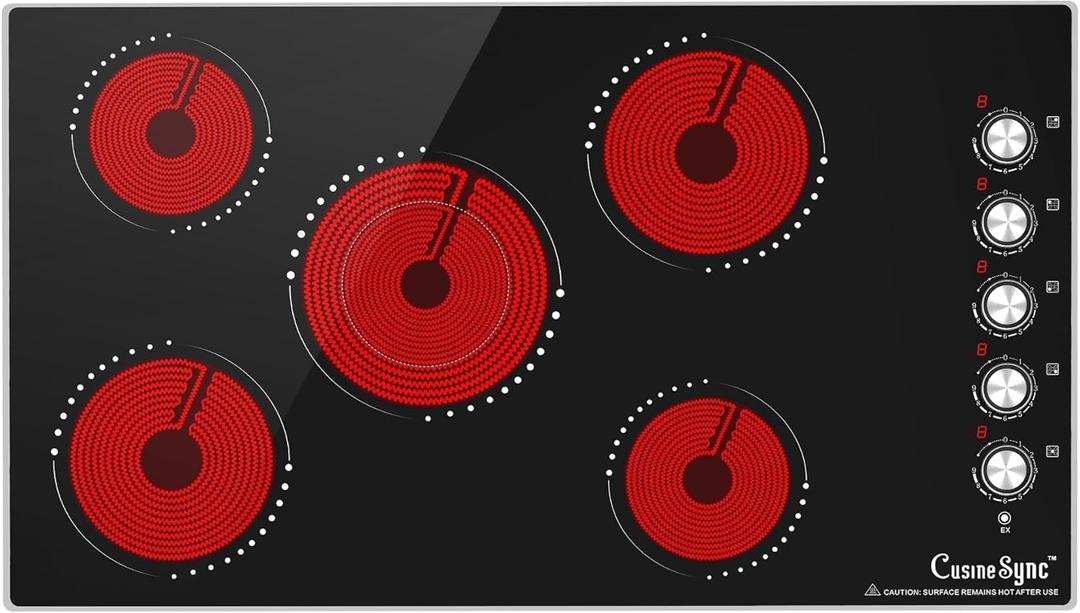 36 Inch Electric Cooktop, 5 Burner Built-In Ceramic Glass Cooktop with Knob Control, 9 Power Levels, Expandable Burner, 8500W, 220240V Hardwired, Works with All Cookware