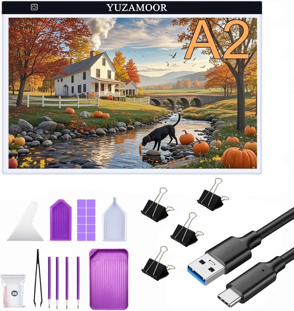 A2 Large Tracing LED Light Pad Kits for Diamond Art, Sketching, Painting - Adjustable Brightness, Sketching, Tracing - USB Powered DIY Diamond Art Light Box with Bead Storge Container, Pens, Clips (Black)