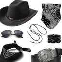 EIELO Cowboy Costume Outfit for Men Women Western Cowboy Hat Bolo Tie Buckle Belt Accessories Set for Halloween Cosplay Party