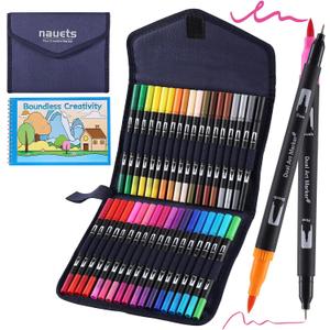 2 x nauets 36 Colors Watercolor Markers with Coloring Book Set Brush & Fine Dual Tip No Bleeding Professional Paint Pens For Drawing Note taking Planner Calligraphy Journaling Card Making Art Supplies