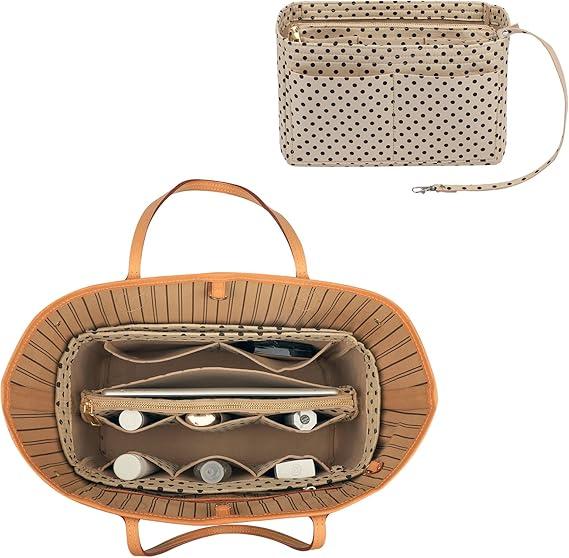 ZTUJO Purse Organizer Insert, Felt Bag Organizer with Metal Zipper, Handbag & Tote Shaper, For Speedy Neverfull Tote, 7 Sizes (Large, Brown polka dots Beige)