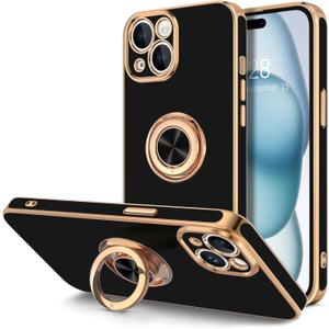 Hython Case for iPhone 15 Plus Case with Ring Stand, 360° Rotatable Ring Holder Magnetic Kickstand, Plating Rose Gold Edge Soft Cover Luxury Protective Phone Case for iPhone 15 Plus 6.7"​, Black