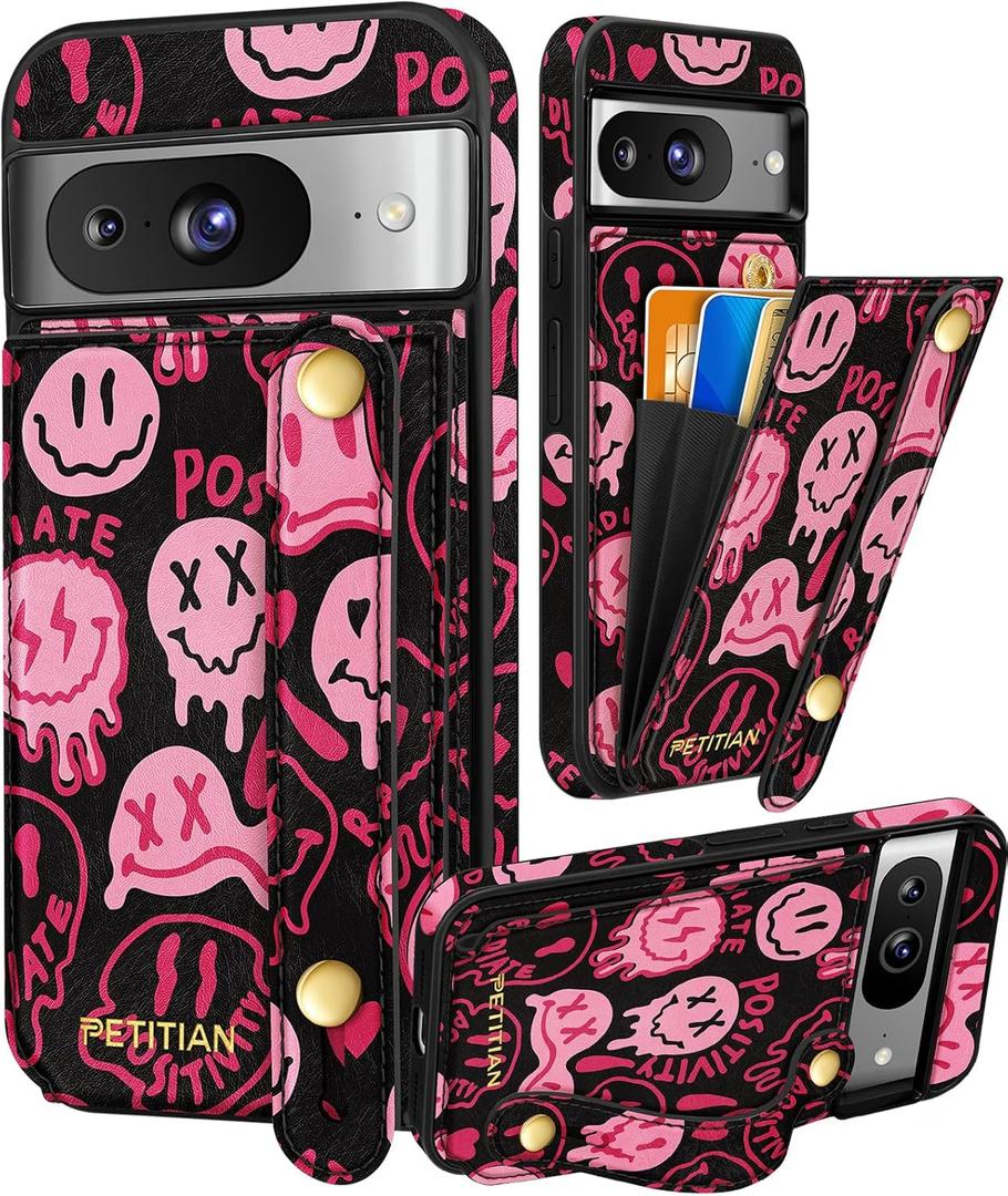 Petitian for Google Pixel 8 Case with Wallet - Women Girls Cute Girly Aesthetic Unique Design Leather Credit Card Holder Cardholder Stand Wristband for Pixel 8, Xiaolian (Fen Face)