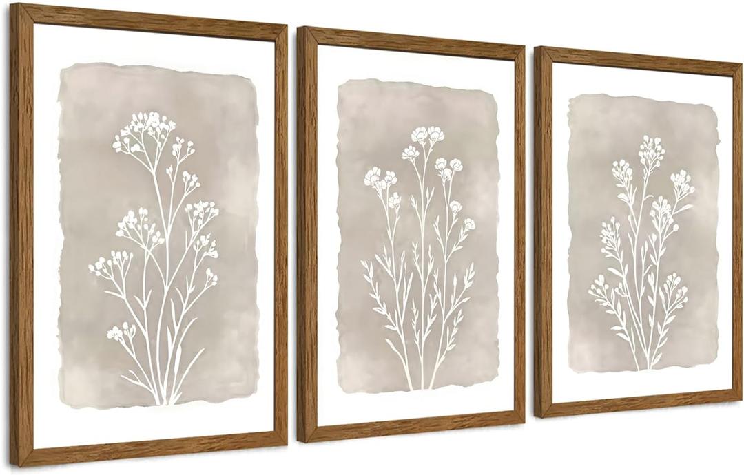 JLTULT 3 Piece Boho Beige Floral Wall Art, Minimalist Line Botanical Flower Wall Decor, Vintage Rustic Wildflower Art Prints for Living Room Bedroom Office Farmhouse decoration 20x30 in Ready to Hang
