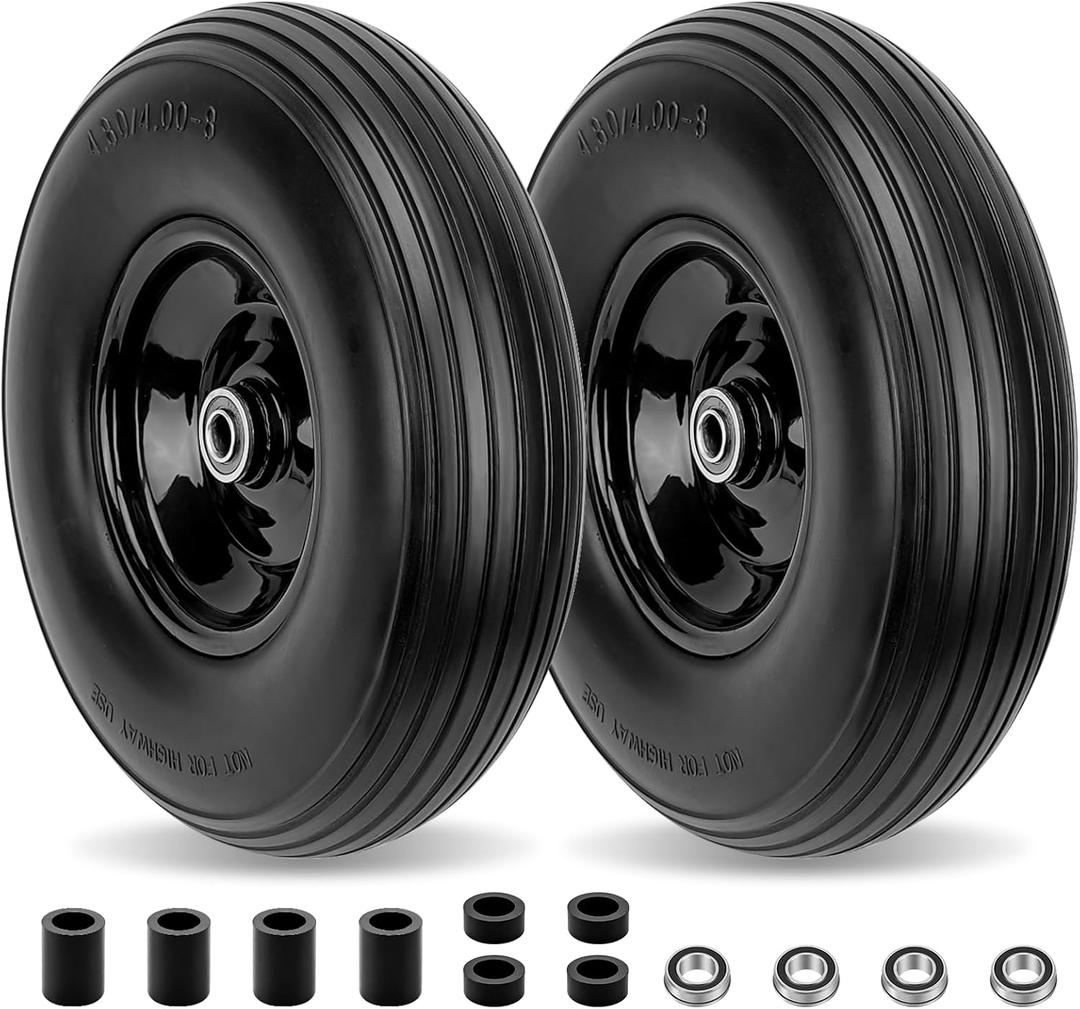 Cenipar 4.80/4.00-8" Flat Free Tire and Wheel 14.5" Solid Flat-Free Tire Replacement with 5/8" or 3/4" Axle Borehole,3-7" Adjustable Centered Hub for Wheelbarrow Hand Truck Garden Trailer and Trolley
