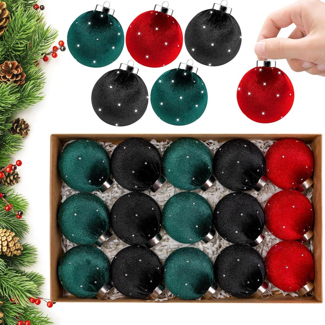 Christmas Tree Ornaments Set Velvet Balls, 15pcs Shatterproof Christmas Bulbs Ornaments for Xmas Tree Decorative Hanging, Vintage Flocked Decoration, 58mm, 2.3in, Multicolor Green Red Black