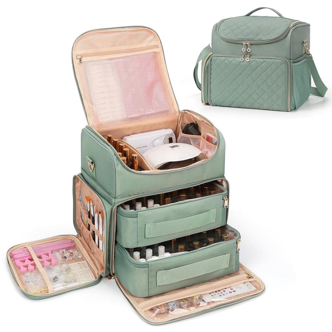 Extra Large Nail Polish Organizer Case Holds 86 to 100+ Bottles Nail Polish & Nail Lamp, Nail Supplies Storage Carrying Bag with 2 Removable Pouches, Portable Nail Tech Travel Box (Green, 86 Slots)