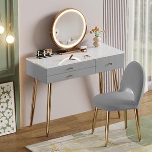 Modern Vanity Desk with Mirror and Lights, 39" Gray Makeup Vanity Set with Adjustable Chair & Drawers, White and Gold Dressing Table for Small Spaces & Bedroom Modern Vanity Desk with Mirror and Lights, 39" Gray Makeup Vanity Set with Adjustable Chair & Drawers, White and Gold Dressing Table for Small Spaces & Bedroom