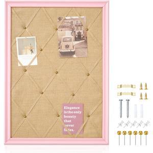 DoubleFill Pink Bulletin Board 21" x 27" Pink Linen Fabric Decorative Board Hanging Memo Boards with 20 Pushpins for Women Office Large Cork Bulletin Boards for Home & Office Wall Decor Photos Display, 29.5" x 20.5"