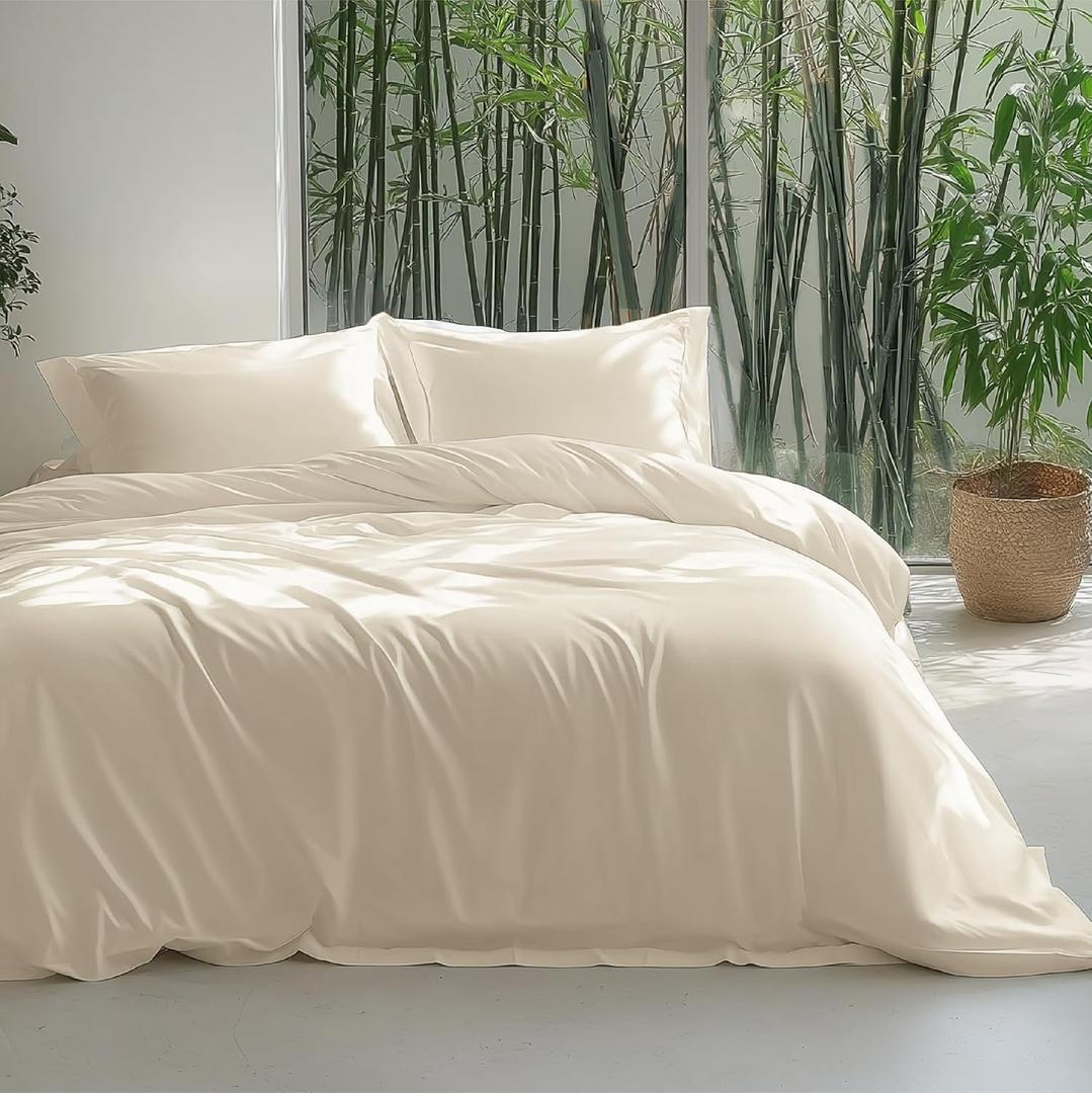 Bedsure 100% Viscose Derived from Bamboo Duvet Cover Queen Size - Lightweight Silky Cooling Comforter Cover Set for Hot Sleepers, PureWoven Breathable & Moisture-Wicking Bedding Set, Light Beige (Queen (90" x 90"))