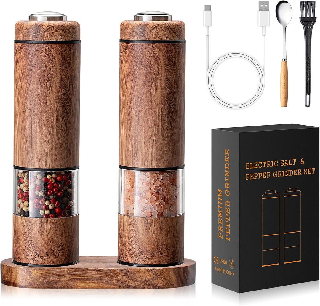 Rechargeable Electric Salt and Pepper Grinder Set  Automatic Salt and Pepper Shakers with Wood Base, Adjustable Coarseness, LED Light, One-Hand Operation Salt and Pepper Shakers Set