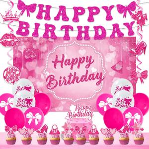 Roetyce Hot Pink Birthday Decorations for Girls, Pink Glitter Happy Birthday Banner Backdrop Balloons Hanging Swirls Cake Topper Kit, Women Kids Bday Photo Background