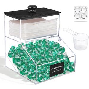 2 in 1 Dryer Sheet Holder & Laundry Pods Container, Laundry Detergent Organizer Container with Lid, Acrylic Laundry Room Organization Storage Containers with Labels, Dishwasher Pod Holder (Black - New 1)