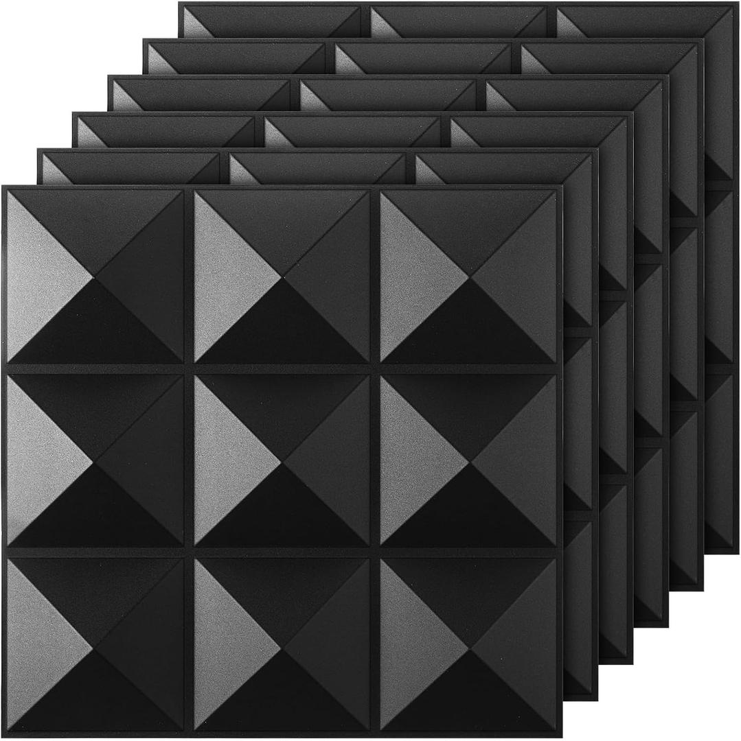 Fulmoon 50 Pcs 3D Wall Panels for Interior Wall Decor, PVC Diamond Textured Wall Panels for Living Room, Bedroom, TV Wall Background, 12 x 12 Inches (Matte Black)