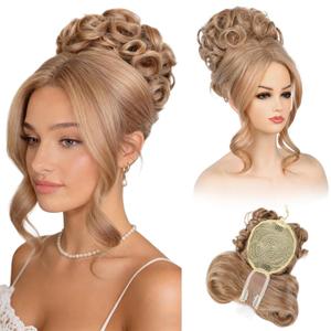 REECHO Messy Bun Hair Piece with Bangs - 2-in-1 Hair Bun Hairpieces Curly Updo Wig & Hair Topper with Long Side Bangs Natural-Looking Drawstring Ponytail Extension for Women - Dark Blonde