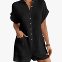Bsubseach Womens Rompers For Summer 2025 Shorts Jumpsuit Short Sleeve Button Down Romper With Pockets Beach Vacation Outfits L, Black