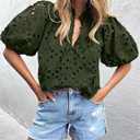 BETTE BOUTIK Women's Long Short Sleeve Tops 2025 Dressy Casual Button Hollow Out Lace Embroidered Blouses Shirts (Green, XXL)