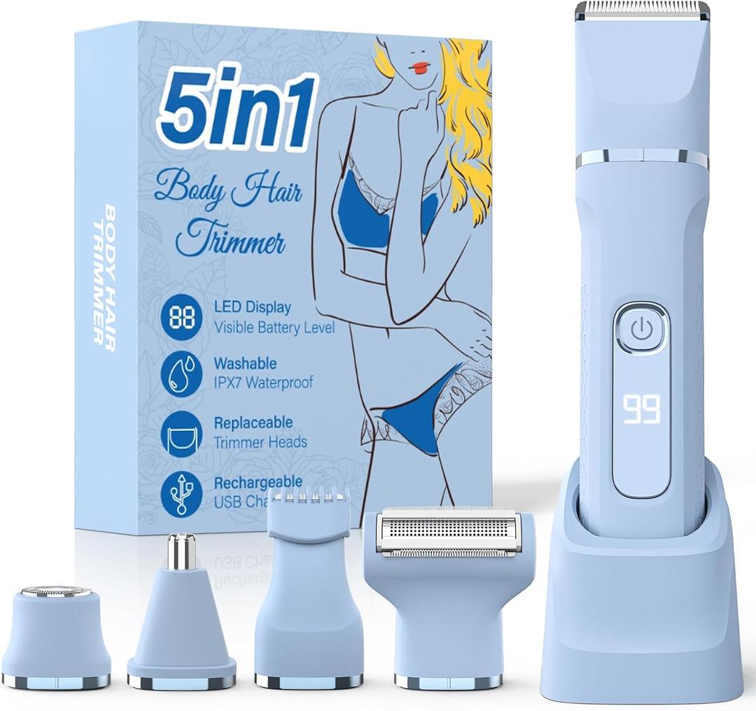 Bikini Trimmer for Women,5-in-1 Electric Razors for Women,IPX7 Waterproof Trimmer with 5 Replaceable Blade HeadsBlue