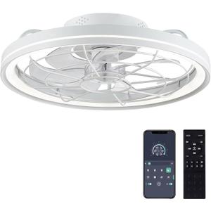 Ceiling Fan with Lights & Remote Control, 20" Low Profile, 6 Wind Speeds, Dimmable Caged Flush Mount, Modern for Kids Room, Bedroom, Kitchen (White)