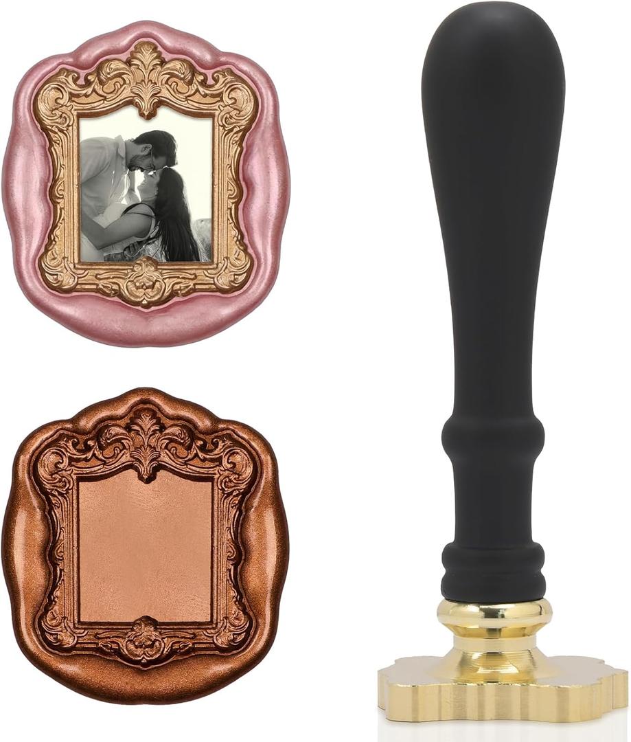 UNIQOOO 3D Relief Vintage Frame Wax Seal Stamp, Brass Sealing Stamp with Wood Handle, Decorative Envelope Sealer for Wedding Invitations, Gift Wrapping, Christmas Cards & DIY Crafts (QN09#)