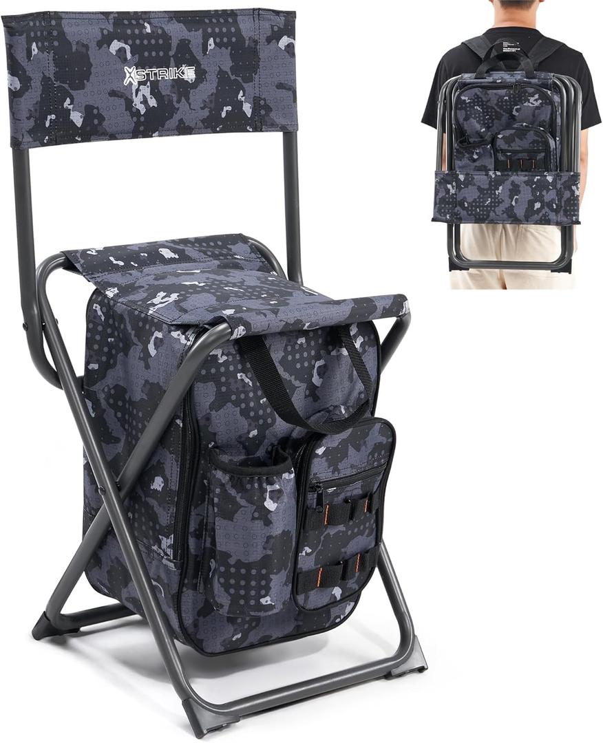 X Strike Backpack Fishing Chair with Cooler Bag and Backrest, Folding Camping Stool for Adults up to 225 lbs, Portable Lightweight for Hunting, Hiking, Outdoors