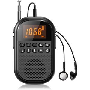 Pocket AM FM Radio:1100mAh Rechargeable Radio Supports Bluetooth, Mini FM AM Receiver with Large Speaker, Stereo Earphone, Sleep Timer, Easy to Use for Jogging, Walking Black