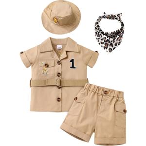 FYMNSI Baby Boy Wild Animal Jungle Safari Shirt Shorts Sets 5PCS Toddler Zoo Keeper First Birthday Outfit Cake Smash Clothes (6-12 Months, Khaki)