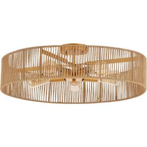 24" Natural Rattan Flush Mount Ceiling Light Fixture Antique Brass Brush Paint Finish Boho Chandelier for Porch Patio Hallway Bedroom Living Room Kitchen Island 5-Light