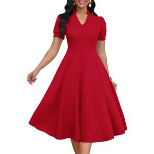 MarryUP Womens Short Puff Sleeve V Neck Casual Semi-Formal Cocktail Party A-Line Dress (006-red, Large)