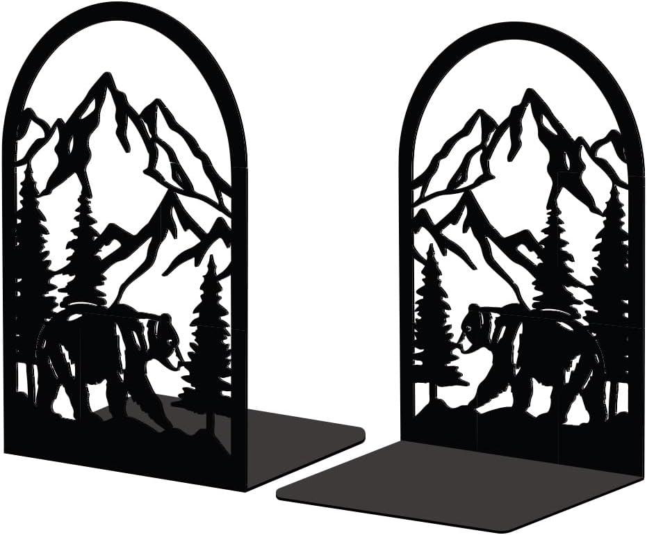 Peacoblue Metal Bookends for Shelves, Modern Decorative Heavy Duty Study Book Support Stoppers for Office, Desk, Shelf, Room 5.3"x4.3"x7.9" Cast Iron Bookends, 1 Pair (Mountain and Forest with Bear)
