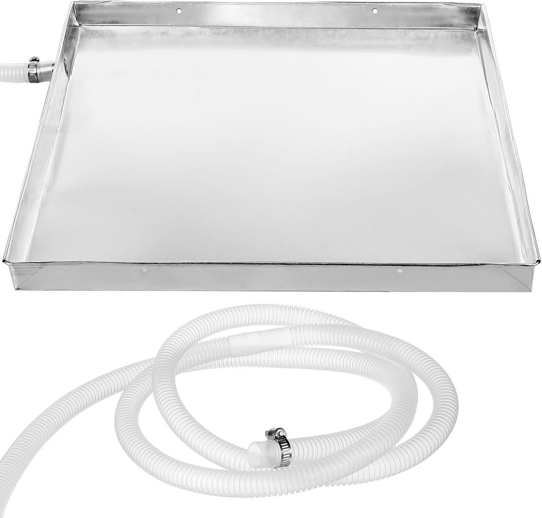 Stainless Steel Air Conditioner Drip Pan 17.3×15.7in with 6.6Ft Drain Hose and Clamp Leakproof Water Tray for External Unit HVAC and Portable Ac Drainage