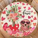 Valentines Day Cute Dog Round Tablecloth Fitted Best for 40"-44" Pink Floral Table Cloth Elastic Edge Water-Resistant Washable Love Heart Decoration Table Cover for Party Picnic Indoor Decor