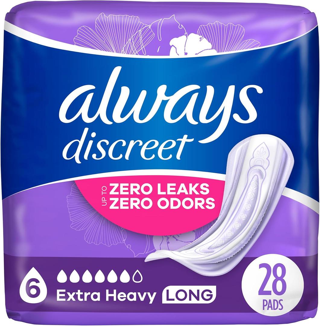 Always Discreet for Bladder Leaks, Ultimate Overnight, Long Length, 28 Pads 