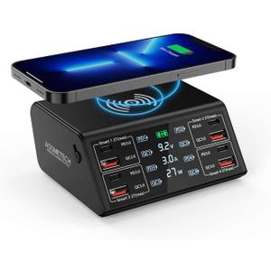 USB Charger, ASOMETECH 100W 8 Port Multiple USB Charging Station with 4 Quick Charge 3.0, 4 USB C PD Port, Wireless Charger, LCD Display Fast Charging Hub for iPhone 13 12 iPad Samsung and More