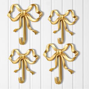 4 Pcs Gold Bow Wall Hooks Brass Coquette Bow Hooks for Coats Hats Bags Bath Towels Robes Vintage Room Decor Office Kitchen Hallway Bathroom Nursery Decorations (L+S) (L+S (3.66 x 3.54 x 0.79,2.6 x 2.6 x 0.67))