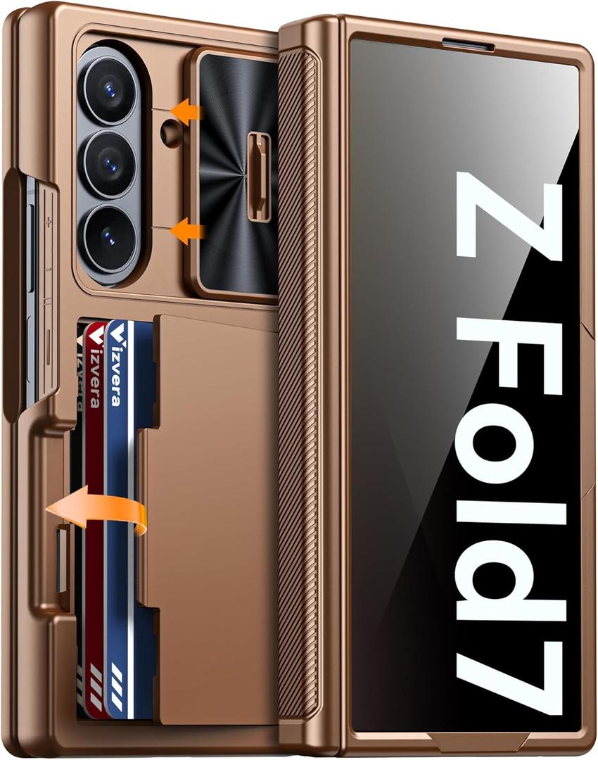 Vizvera for Galaxy Z Fold 7 Case Wallet,RFlD Cards Holder [Privacy Screen Protector][Camera Cover] Shockproof Silicone Protective Phone Case for Z Fold 72025(Desert Gold)