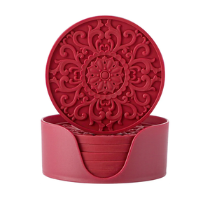 Colinda Silicone Coasters - Set of 6 with Holder, Non-Slip Cup Mats for Hot and Cold Drinks, Decorative Designs, Gift Ready Packaging,Merlot Red