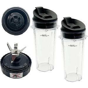 Blender 5-Fins Blade & 2 16oz Single Serve Cups with Lids Replacement Parts for Ninja, Base Extractor Blade for Nutri Ninja Blender 700 Watts QB3000, QB3000SS, QB3000SSW, QB3001SS 30, QB3004, QB3005