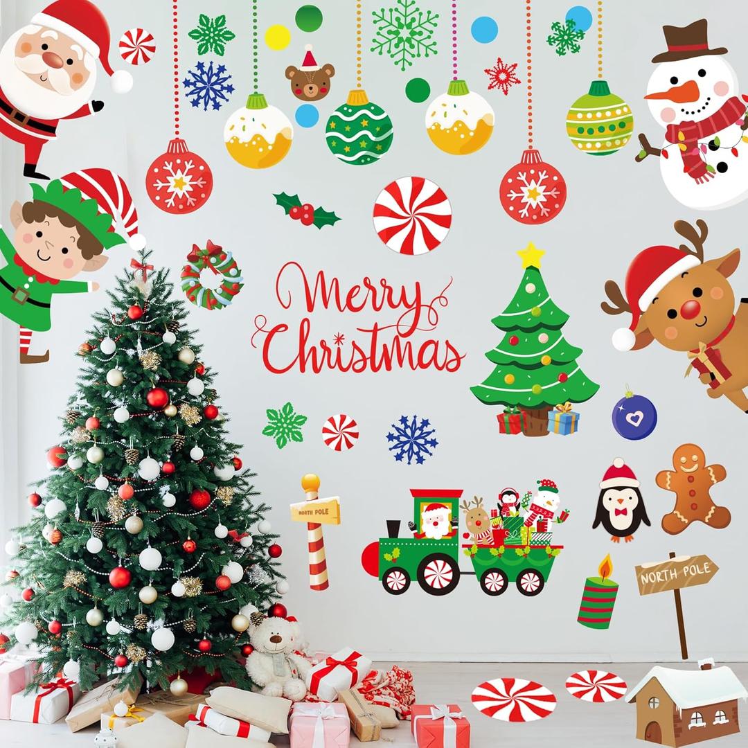 Christmas Wall Decals Stickers 96PCS Removable Large Merry Xmas Wall Decorations Christmas Bathroom Decor Santa Claus Snowman Reindeer Window Clings for Outdoor Indoor