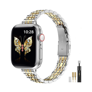 MioHHR Slim Metal Band Compatible with Apple Watch Band 42mm(Series 11 10) 41mm(Series 9 8 7) 40mm(Series 6 5 4 SE3/2/1) 38mm(Series 3 2 1),Stainless Steel iWatch Bands for Women,Silver/Gold