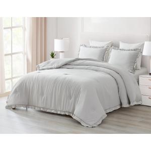 Chezmoi Collection Nora 3-Piece Ruffled Edge Trim Soft Washed Microfiber Comforter Set (Queen, Light Gray)